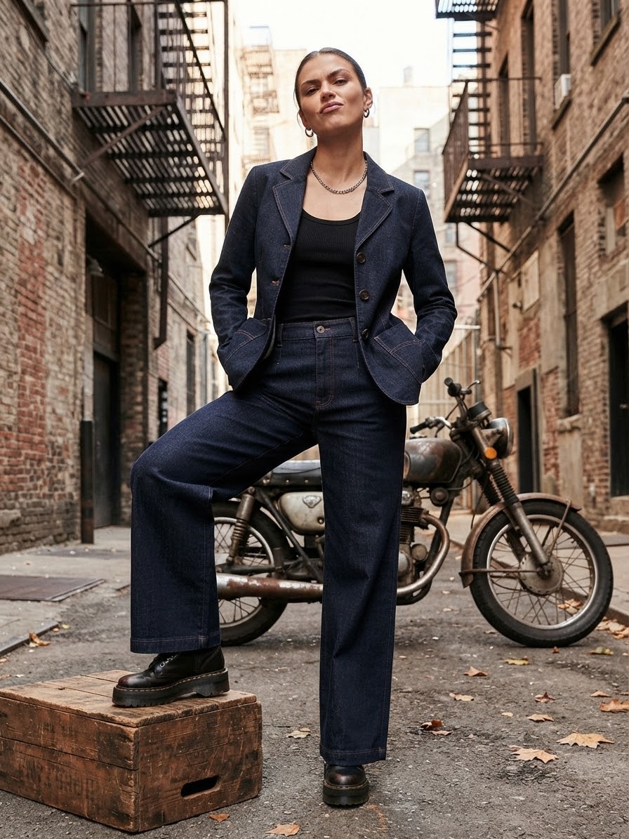 TADASHI PANTALONE PALAZZO VELLUTINO  EFFETTO DENIM